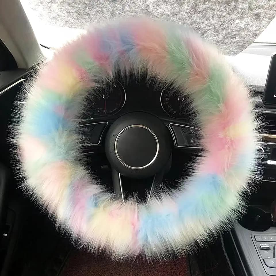 Plush Car Wheel Warmer Cover, Furry Fluffy Steering Protector, Fashionable Cute Car Decoration, Universal for Most Vehicles (Multicolored)