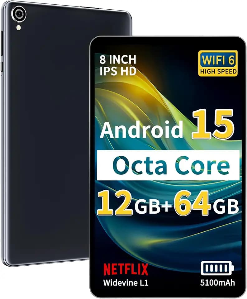 Topsand 2025 Android 15 Tablet 8 inch Tablet, Octa-Core Processor, 12GB RAM 64GB ROM 2TB Expandable, 1280 * 800 IPS HD Screen, WiFi6, BT5.4, Widevine L1, 5MP+8MP Dual Camera Tableta