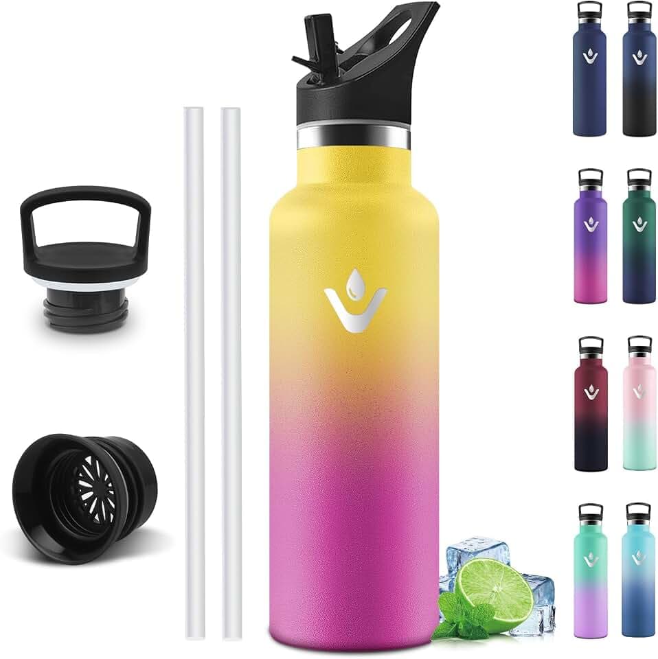 Motswedi Trinkflasche Edelstahl 750 ml, Auslaufsicher, Thermosflasche Kalt & Warm, Trinkflasche mit Strohhalm, Isolierte Flasche, Wasserflasche, für Gym, Sport, Fitness, Gelb & Fuchsia