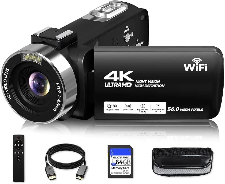 Video Camera, 4K Camcorder 56MP Digital Video Recorder 18X Zoom 3" 270° Rotation Touchscreen IR Night Vision, Wifi Vlogging Camera for YouTube 64GB Card Anti-Shake Remote Control Camera Bag Lens Cap