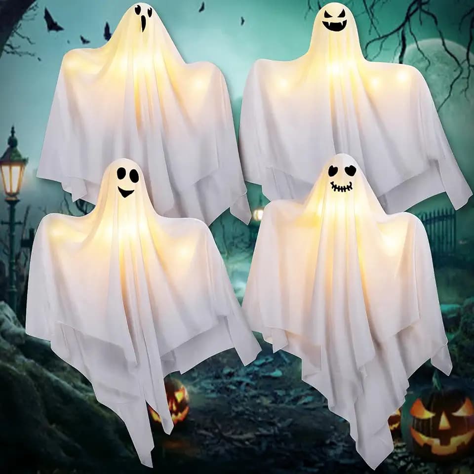 Halloween Hanging Ghosts Outdoor Decorations, 4 Pack 28" Cute Hanging Ghosts Decor Outdoor, Halloween Flying Ghosts for Home Porch Patio Lawn Garden Party Décor and Holiday Decorations