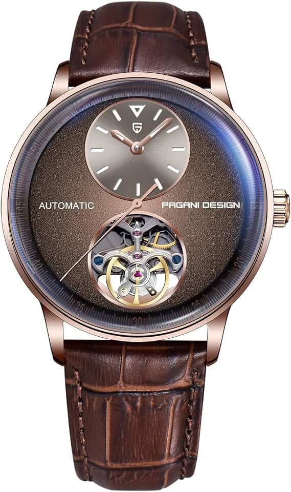Pagani Design Herrenuhr Automatik Mechanisch Skelettdesign mit Kleiner Lünette 42mm Edelstahlgehäuse & PU-Lederband 10ATM wasserdicht (100m) (Braun)