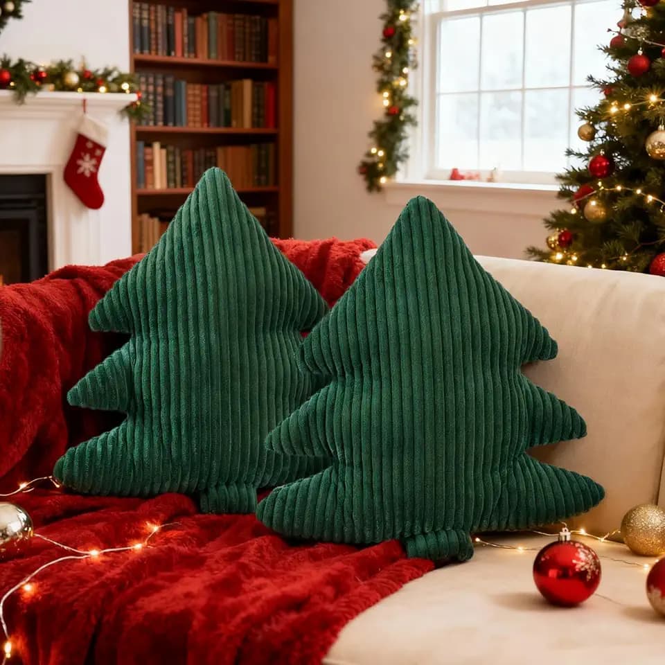 Lanpn 2 Stück Weihnachtsbaum Kissen Weihnachtskissen, Schmale Streifen Weihnachts Kissen Dekokissen Zierkissen für Party Bett Sofa Couch Innenbereich Weihnachtsdeko (Grün, 45,5x41cm)