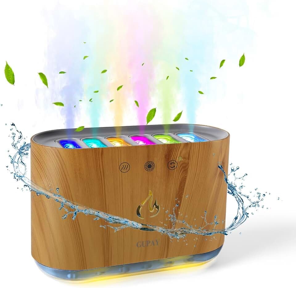 Luftbefeuchter für Schlafzimmer, Dynamischer Pick-up Mini Luftbefeuchter mit 6 Düsen 7 Farben LED-Lichtern, bis zu 32H, Ultra Leise Humidifier für Haus, Büro, Auto Abschaltung (Holzmaserung)