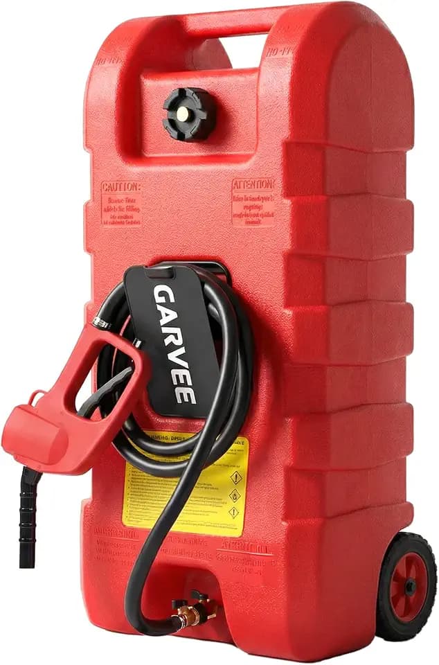 Garvee 15 gal Gas Can, Heavy-Duty Gas Tank and Fuel Caddy with Manual Fuel Transfer Pump, Portable Fuel Tank on Wheels with 10 ft Hose for Lawn Mowers, Cars, Boats, ATVs, Home and Farm Use, Red