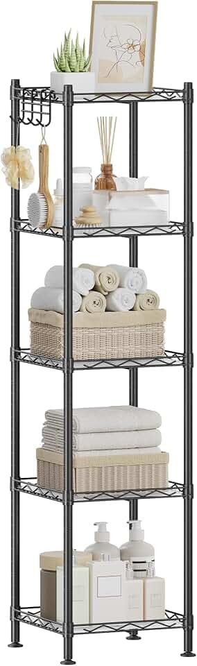 SONGMICS Badezimmerregal, Standregal, Metallregal, bis 100 kg belastbar, mit 5 PP-Platten, abnehmbare Haken, 30 x 30 x 123,5 cm, erweiterbar, für kleine Räume, schwarz-transparent LGR23BK