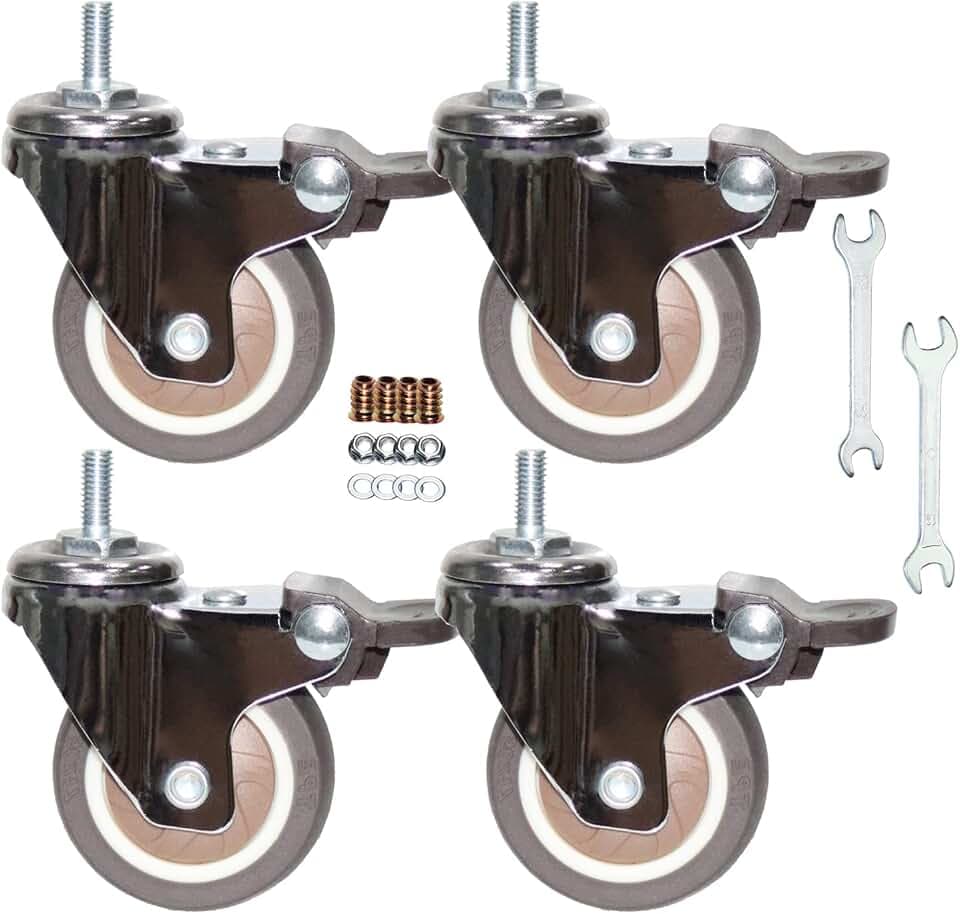 Stem Casters, 360 Degree Swivel Stem TPR Wheels with Metric M6-1.0x15mm Thread Industrial Castors for Carts, Furniture, Dolly, Workbench(2.0 Inch M6-1.0x15mm, with Brake)
