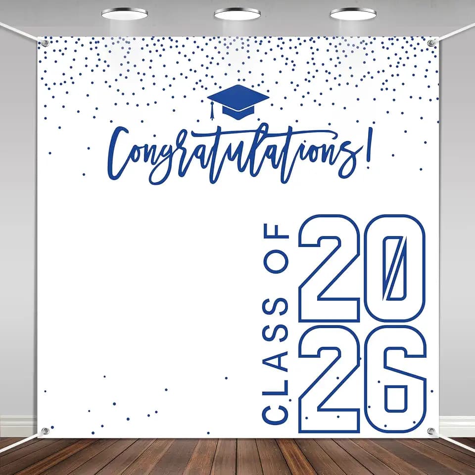 Class of 2026 Graduations Backdrop Congrats Grad Party Photo Background, 6 * 6ft Large Booth Props Congratulations Banner for 2026 Graduation Party Decorations Supplies (White Blue)