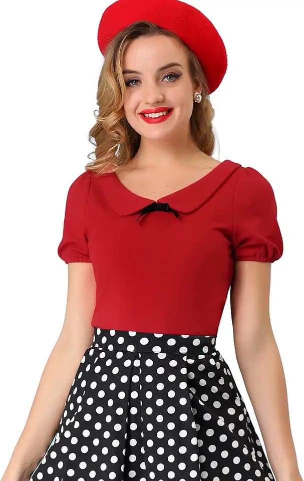 Allegra K Women's Peter Pan Collar Shirt Vintage 1950s Short Sleeve Blouse