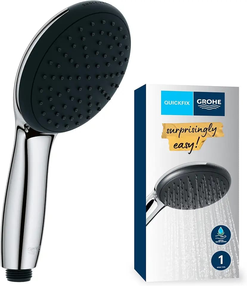GROHE Vitalio 110, Duschkopf wassersparend, 8l pro Min (Handbrause 1 Strahlart, Universalanschluss, Silikonring schützt Duschbrause bei Stürzen), rund, chrom, 27940001
