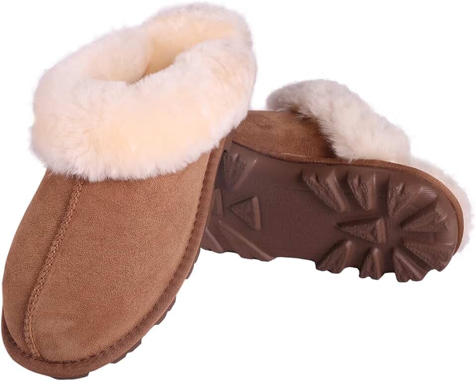 MYLUNE HOME Echte Lammfell Hausschuhe für Damen - Flauschige Warme Pantoffeln Winter Plüsch Schaffell Slipper Leder Wolle Braun - Geschenk für Frauen