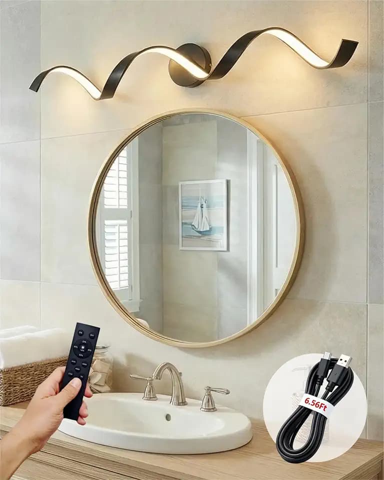 Battery Operated Vanity Light [No Wiring Needed] - 31.5" Matte Black Rechargeable Wireless Wall Sconce with Remote, Dimmable Spiral LED Bar for Bathroom Mirror