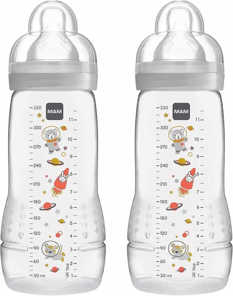 MAM Easy Active Baby Bottle with Fast Flow MAM Teats Size 3, Twin Pack of Baby Bottles, Baby Feeding, 330 ml, Grey (Designs May Vary)