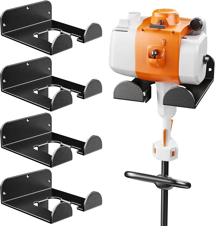 POKIPO Weedeater Hanger, 4 Pack Grass String Trimmer Rack, Heavy Duty Metal Weed Eater Holder Wall Mount Save Space, Garden Storage and Organize Most Tools Rack Loads 25lbs, Utility Hooks for Garage