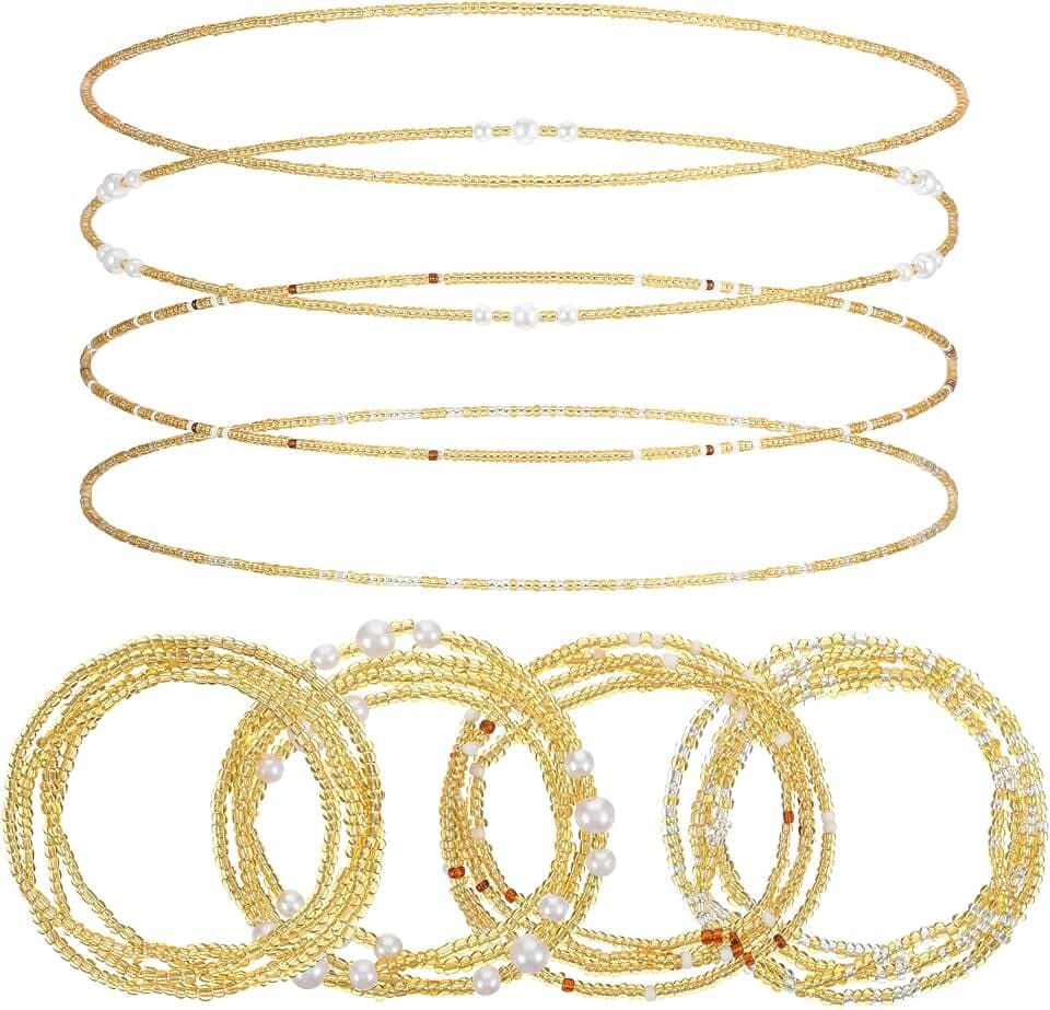 Lusofie 4 Pcs Waist Beads for Women - Gold Waist Beads for Weight Loss