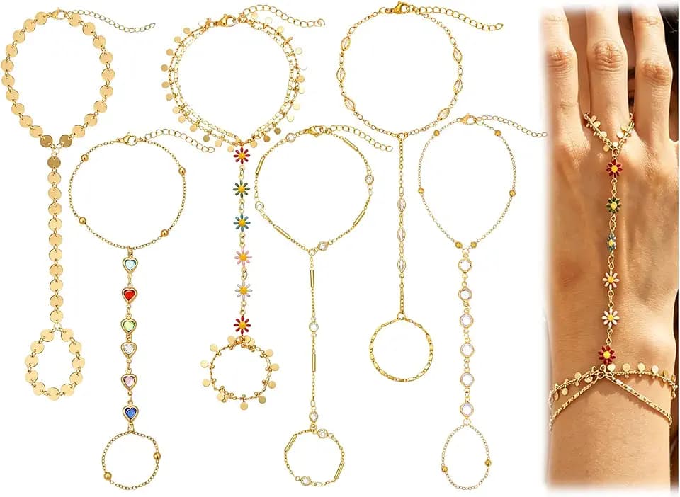 COLOYAN 6Pcs Gold Hand Chain Bracelets Finger Ring Bracelet for Women