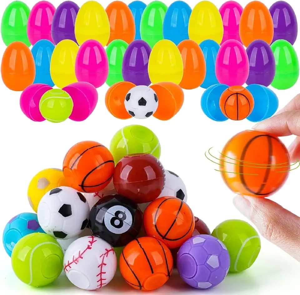 Prefilled Easter Eggs with Toys 24 Pack Easter Basket Stuffers Essentials Egg Filled with Fidget Spinners Sports Balls Gifts for Kids Party Favors (24 Eggs+ 24 Spinners)