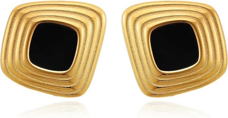 RAUCHBE Big Chunky Gold Earrings for Women Vintage Black Oval Earring Onyx Statement Earrings Trendy Jewelry