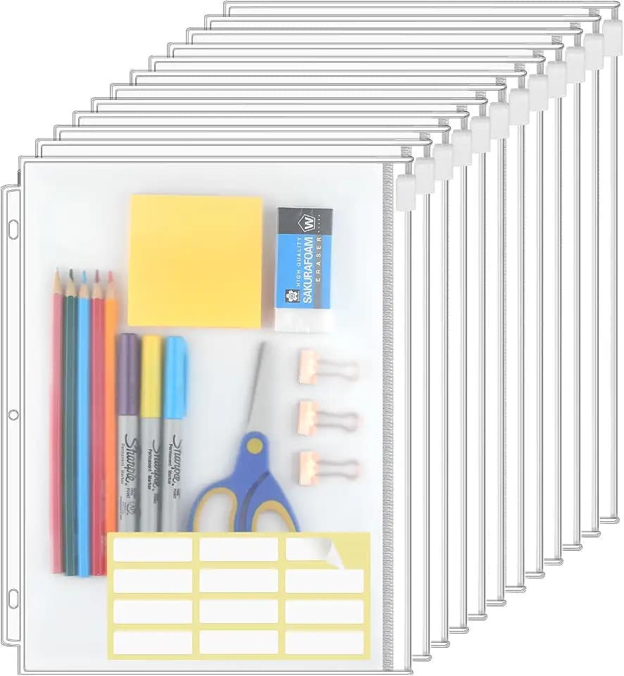 KTRIO 12 Pack Binder Pockets, 8.5 x 11 Zipper Pouches for 3 Ring Binders