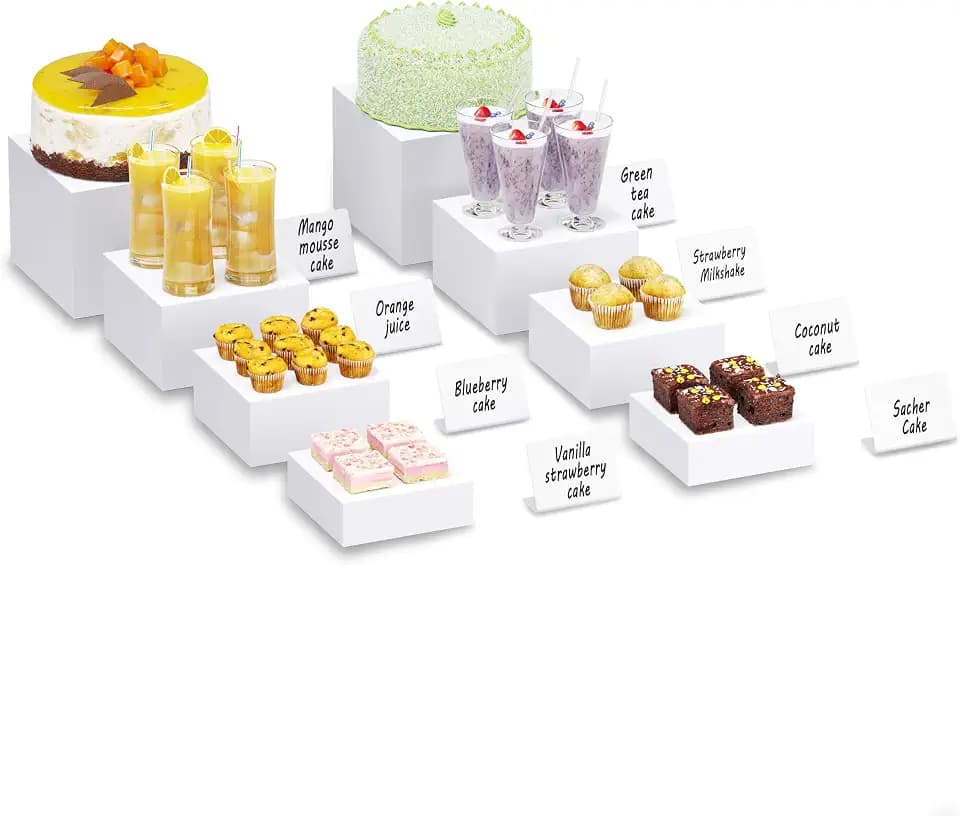 Buffet Risers with Mini Signs, Food Risers for Buffet Table, Display Stand for Catering Dessert, White Acrylic Cube Boxes Nesting Risers with Hollow Bottoms (White, 2 Set (6", 6.5", 7", 8''))