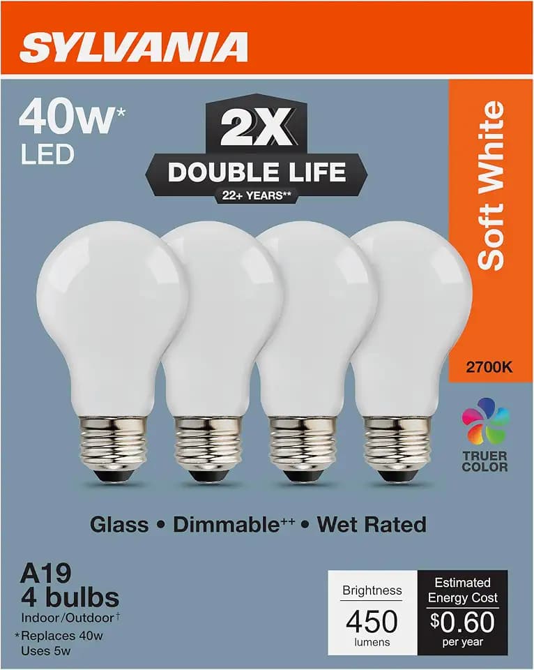 Sylvania Double Life LED Light Bulb, A19, Dimmable, E26 Base, 40W, 4 Pack