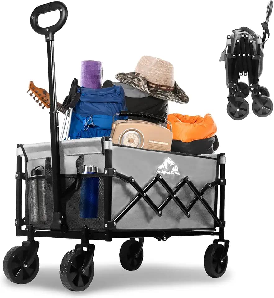 Collapsible Wagon 352LBS Capacity, Foldable Large Wagons Carts, Heavy Duty Outdoor Folding Wagon with All-Terrain Wheels, Utility Garden Beach Wagon with Storage Bag Gray