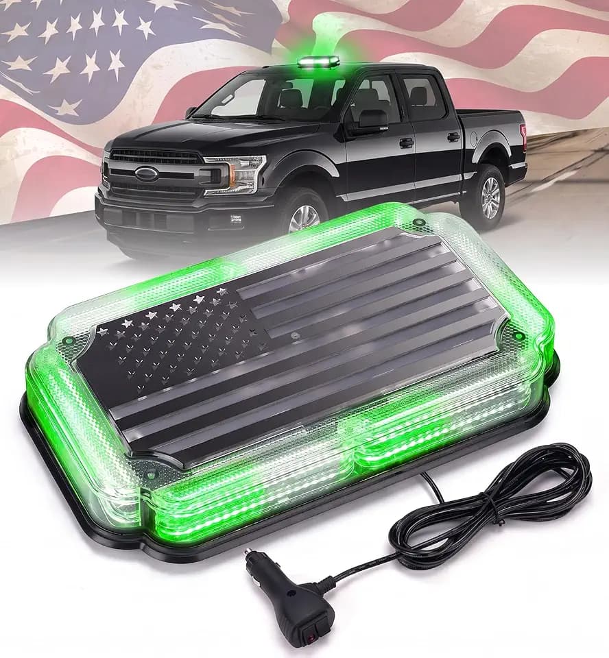 Xprite 108 LED Rooftop Strobe Light, US Flag Pattern High Visibility Mini Utility Lightbar w/Magnetic Base for 12-24V Construction Vehicles, Trucks, Snowplows - White Green