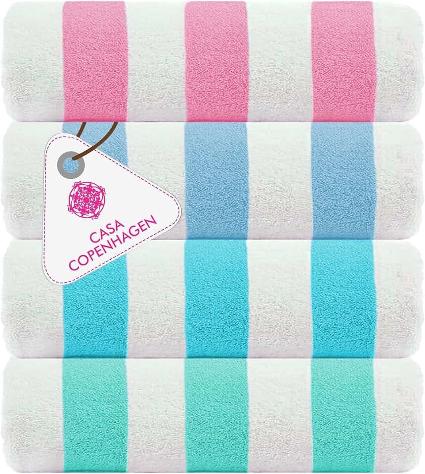 CASA COPENHAGEN Cabana Beach Towel Designed in Denmark Rough and Tough, Quick Dry, Beach, Pool, Bath & Shower 30x60 inches 4 Pieces Cotton Beach Bath Towels Set - Pink, Sky Blue, Water Blue, Teal