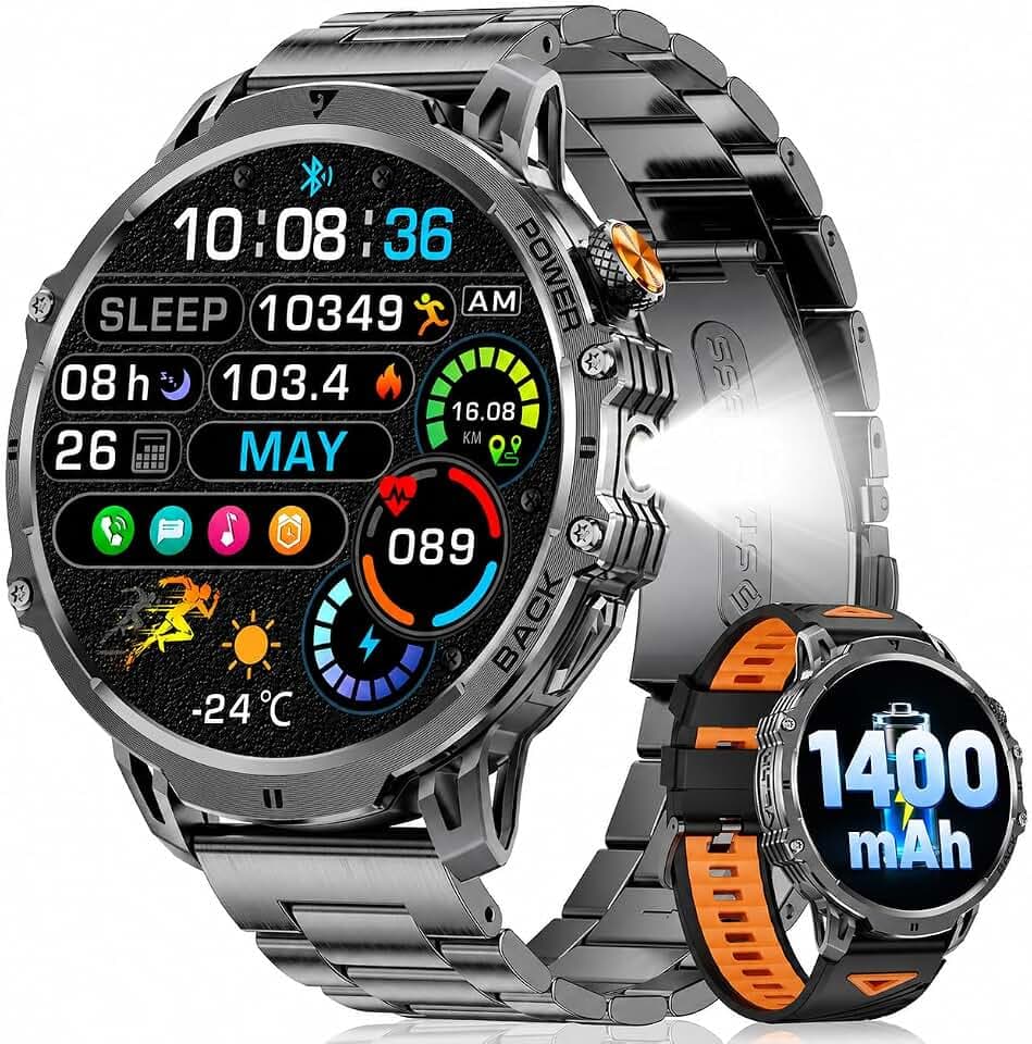 LIGE Militär Smartwatch Herren - 1400 mAh/1,85" HD Großes Touchscreen/Licht