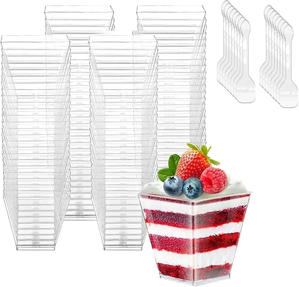 Dessertbecher, 50 Stück 60 ml/2 oz Becher mit 50 Löffeln Mini-Tassen Dessertbecher wiederverwendbar aus Kunststoff für Mousse, Tiramisu, Geburtstag, Hochzeiten