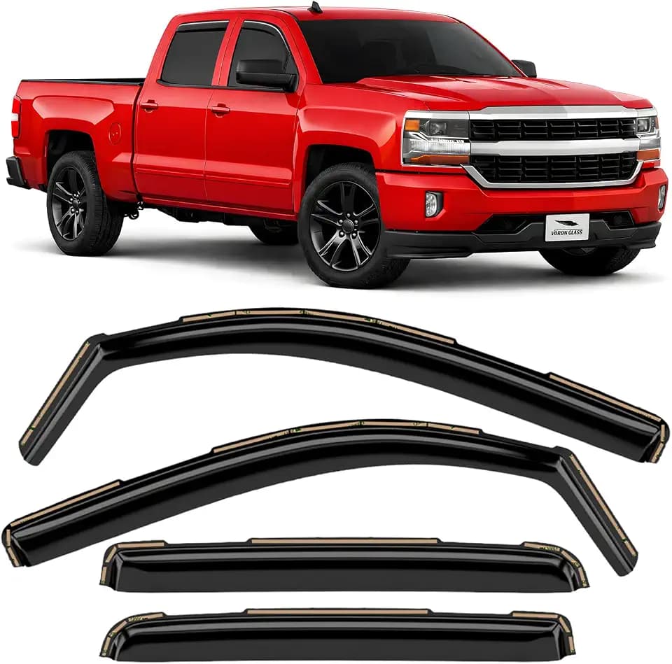Voron Glass in-Channel Extra Durable Rain Guards for Trucks Chevrolet (Chevy) Silverado/GMC Sierra 2014-2018 Crew Cab, Window Deflectors, Vent Window Visors, 4 Pieces - 220009