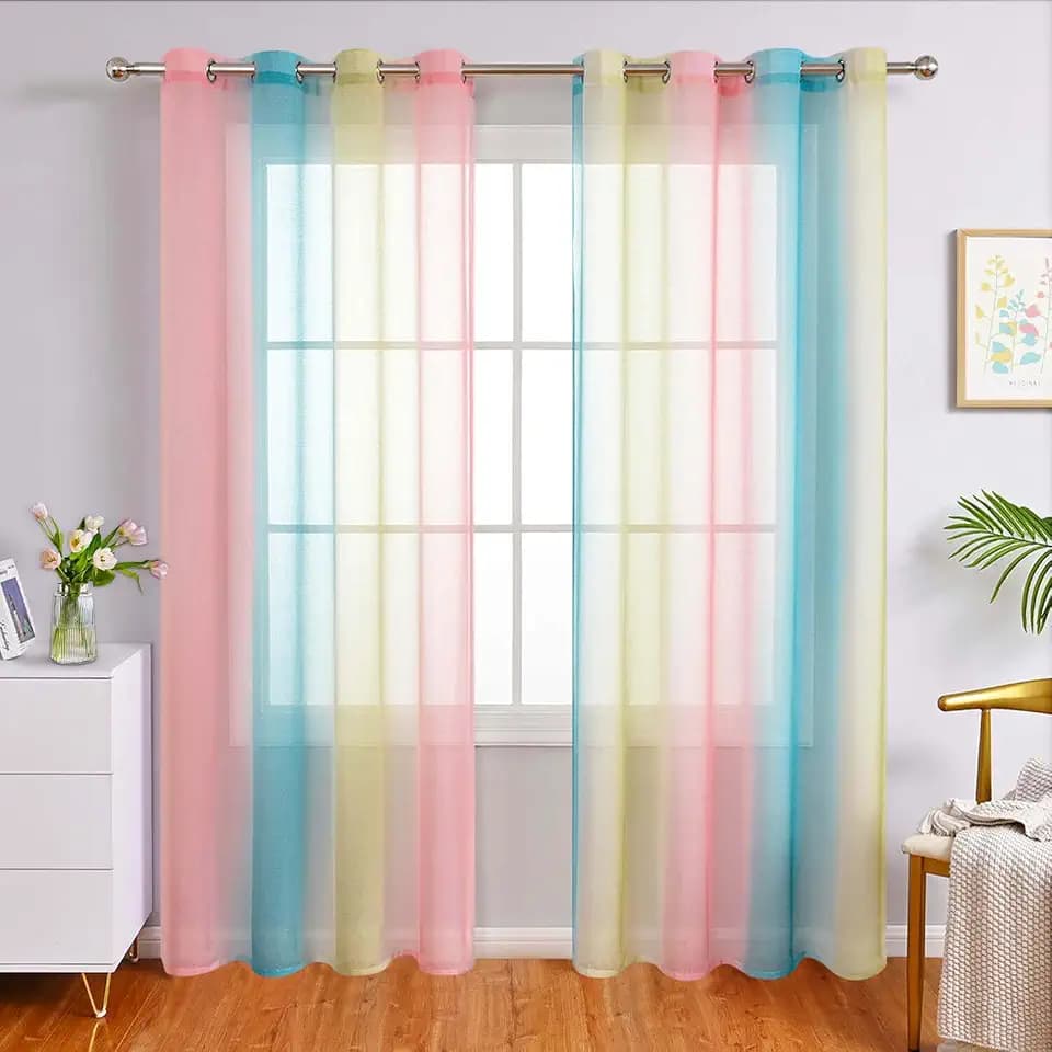 WUBODTI Colorful Curtains for Girls Bedroom Kids Room Decor 84 Inches Long, Grommet Pink Yellow and Blue Ombre Sheer Curtains Cute Linen Semi Sheer Rainbow Curtains 2 Panels for Nursery Classroom