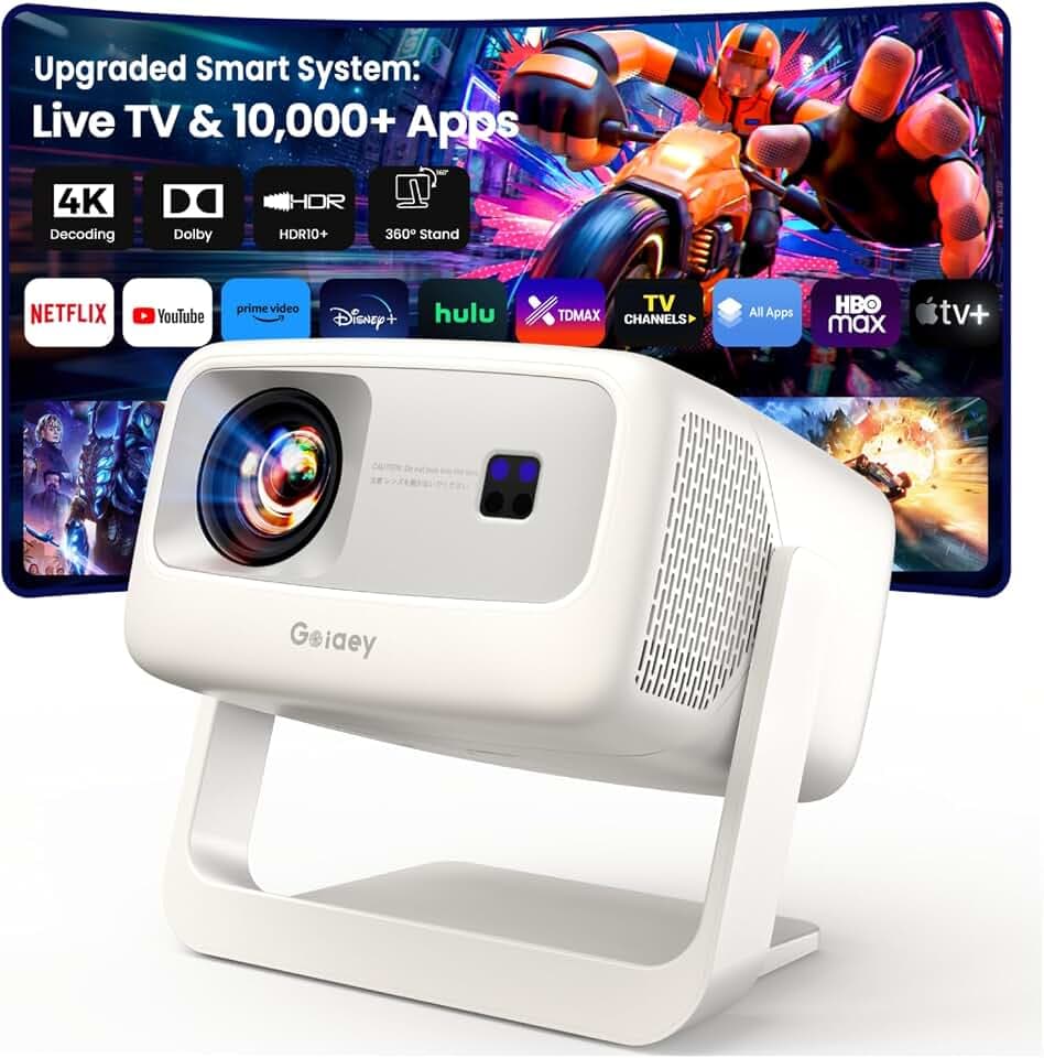 [5000 ANSI/10,000+ Apps/Live TV/65W Dolby] Outdoor-4K-Projector with WiFi and Bluetooth, AI Auto Focus & Keystone, HDR10+, All-in-One Streaming, Upgraded GO2 White Short Throw Projector with 360°Stand