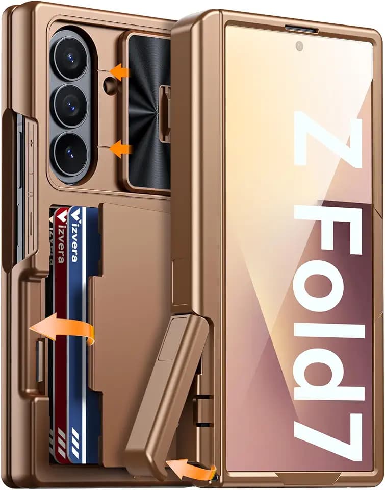 Vizvera for Samsung Galaxy Z Fold 7 Case RFID Wallet with Cards Holder[Kickstand][Camera Cover] Shockproof Silicone Protective Phone Case for Z Fold 7 2025-Desert Gold