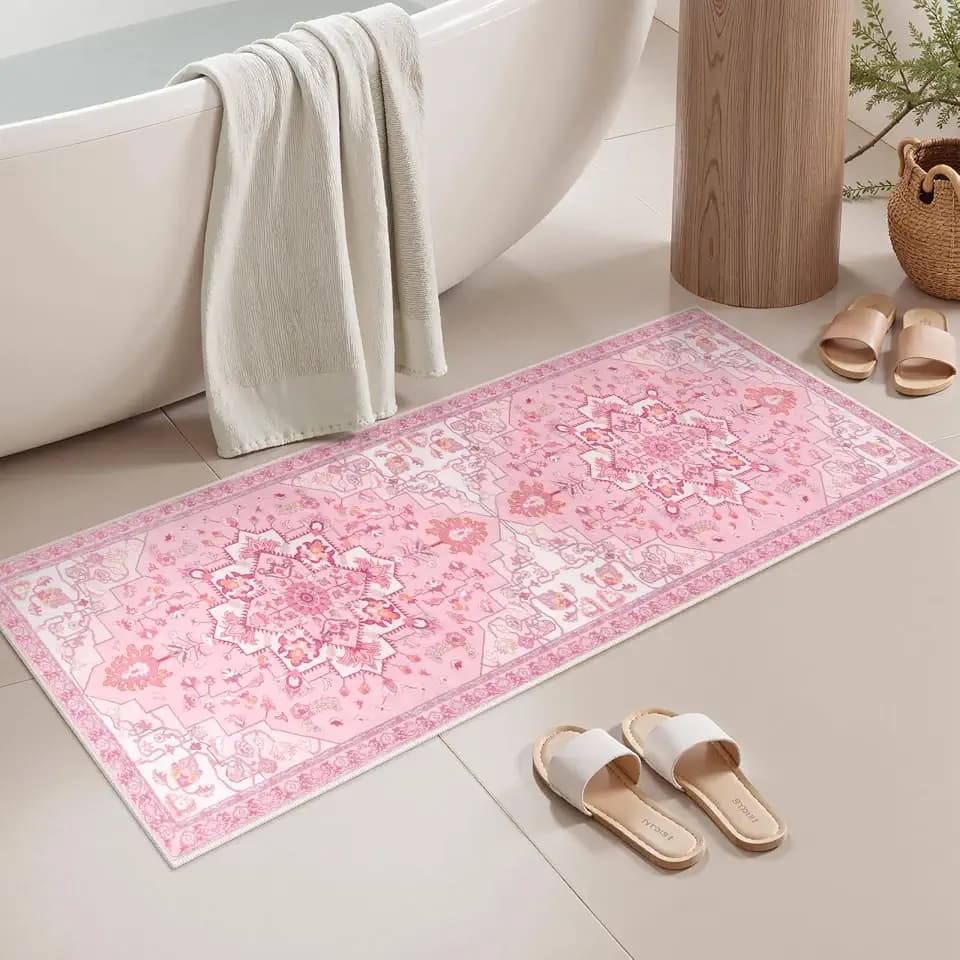 Seavish Pink Oriental Bathroom Rugs, 18"x47" Vintage Bath Runner Rug
