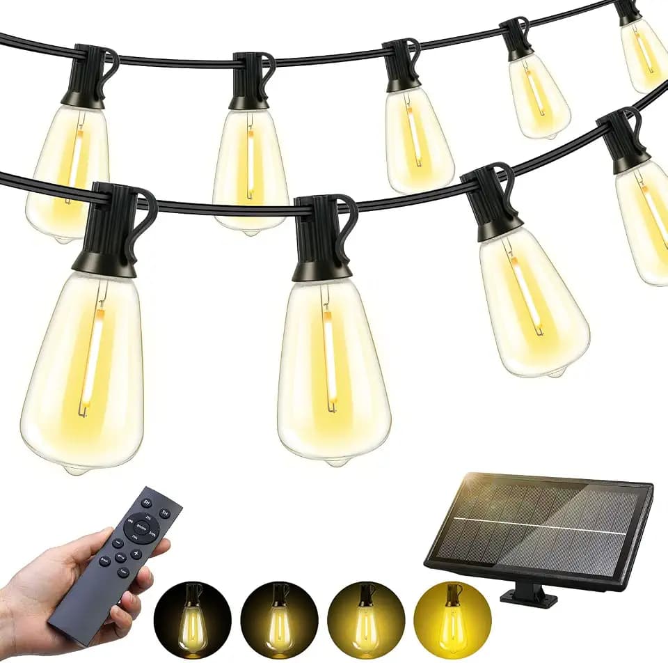 Solar Lights Outdoor Waterproof: ST38 50FT 15M Patio Lights Shatterproof Bulbs - Solar Powered & USB Charging- Remote Control 3 Light Modes Dimmable Solar Light - Garden Camping Backyard