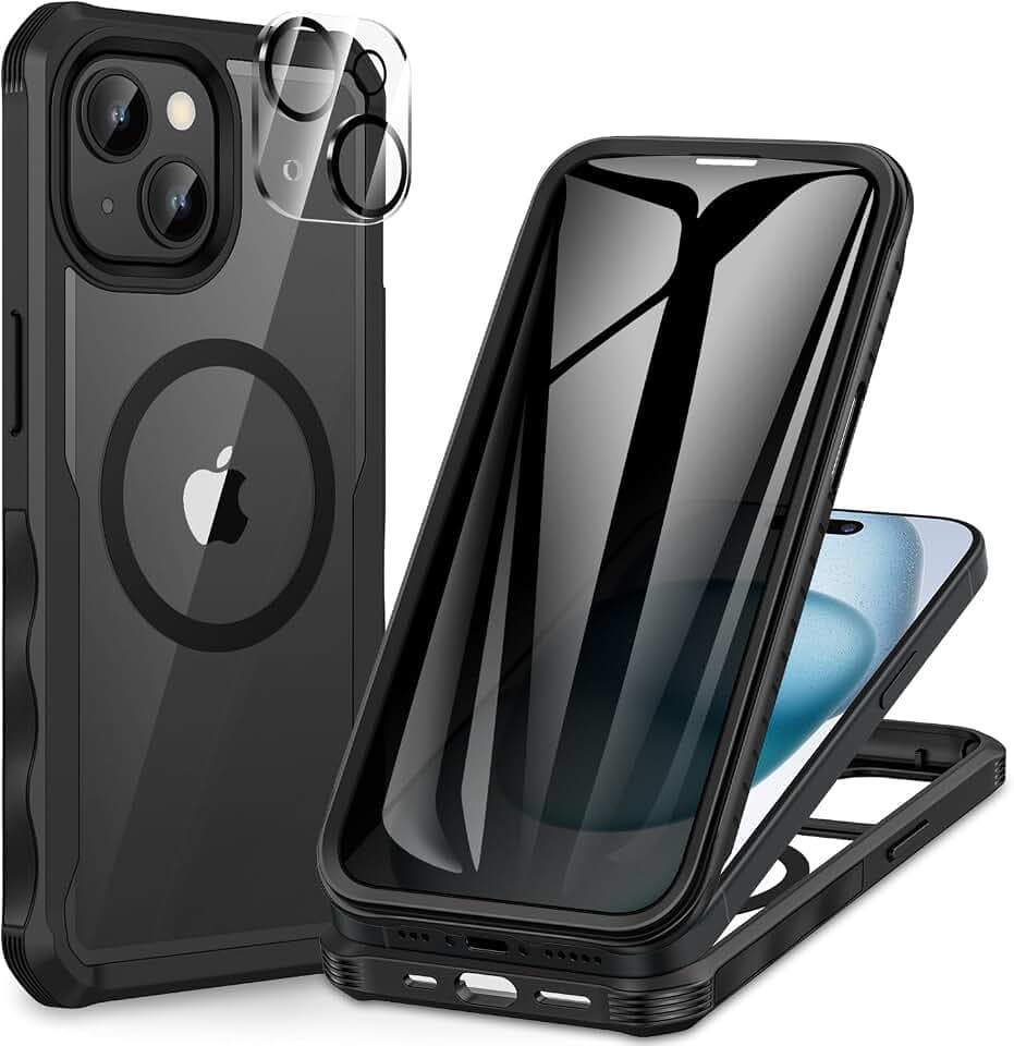 CENHUFO Privacy for iPhone 15 Plus Case, Full Body Phone Case with Built-in 9H Tempered Glass Privacy Screen Protector and Camera Lens Protector, Anti Peep Spy Shockproof Bumper Clear Cover -Black