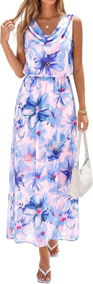 PRETTYGARDEN Floral Dress for Women 2026 Spring Formal Sleeveless Cowl Neck Graduation Summer Wedding Guest Maxi Long Dresses