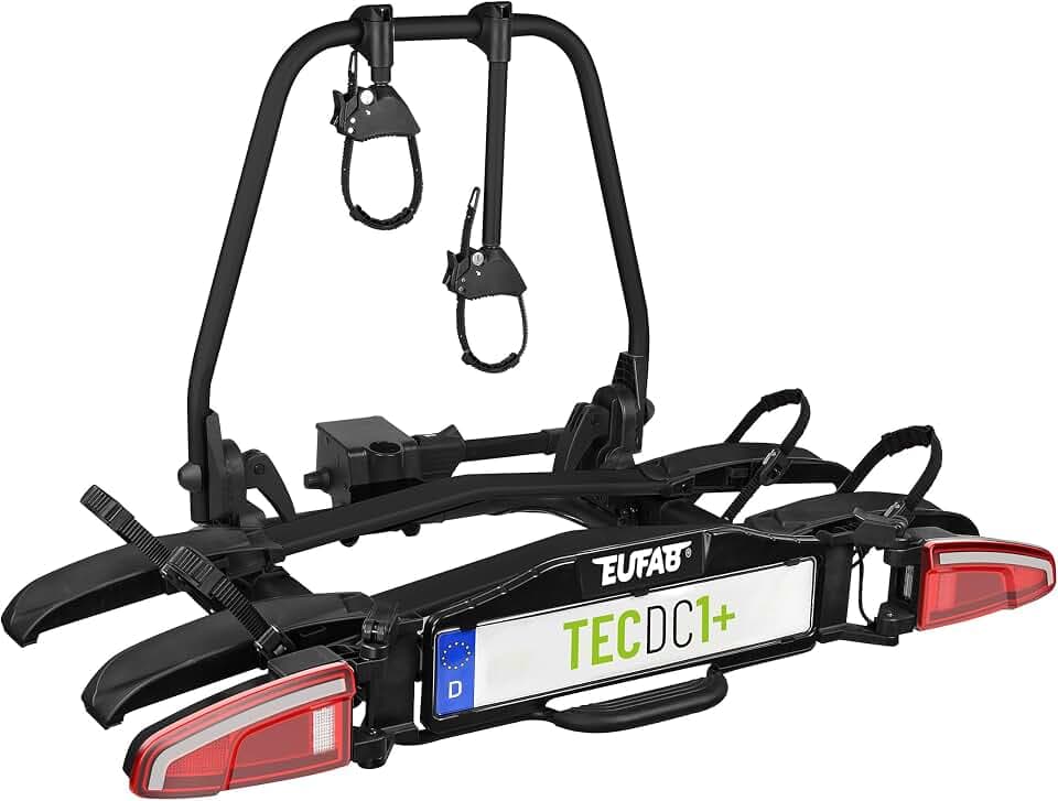 EUFAB 11650 Fahrradträger TECDC1+, Heckträger für 2 E-Bikes, 60 kg Nutzlast, abklappbar Fußpedal, LED-Rückleuchten, vormontiert, Schwarz