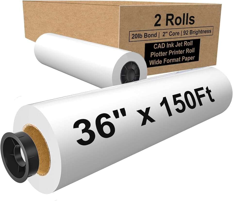 36" x 150ft Wide Format Paper 2" Core, White Plotter Paper CAD Bond 2 Rolls