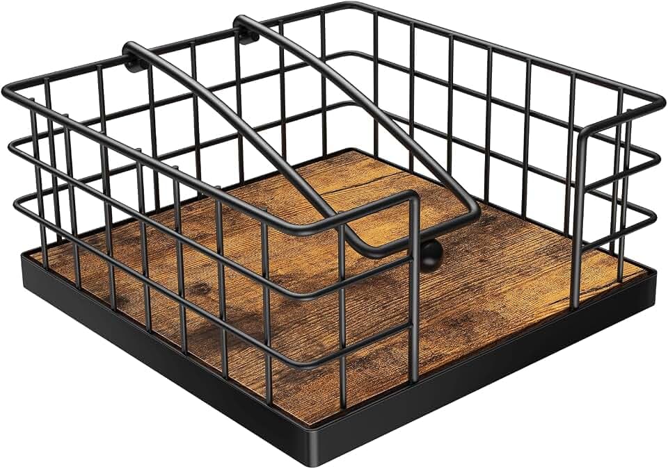 Homode Napkin Holder for Table, Farmhouse Napkin Holders for Paper Napkins, Flat Napkin Basket with Weighted Arm, Wood Kitchen Napkin Dispenser, Rustic Brown and Black
