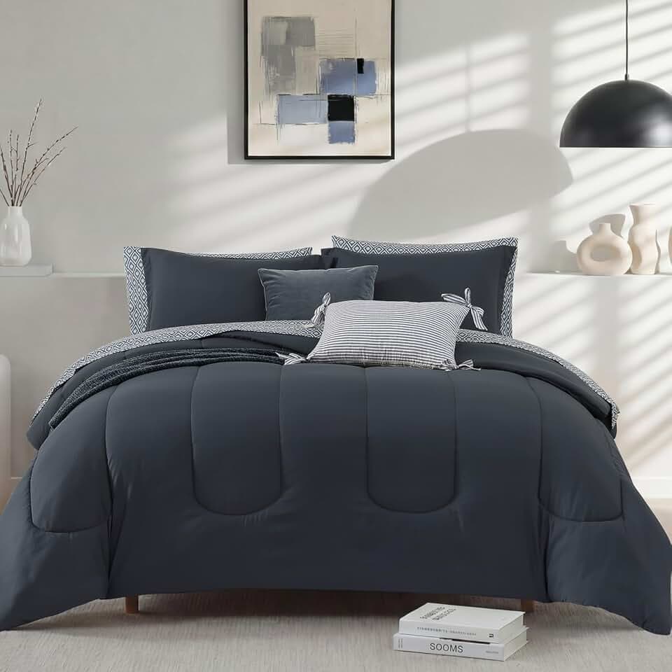 Monbix Full Size Comforter Sets-7 Pieces Soft Bed in a Bag Full Bedding Set