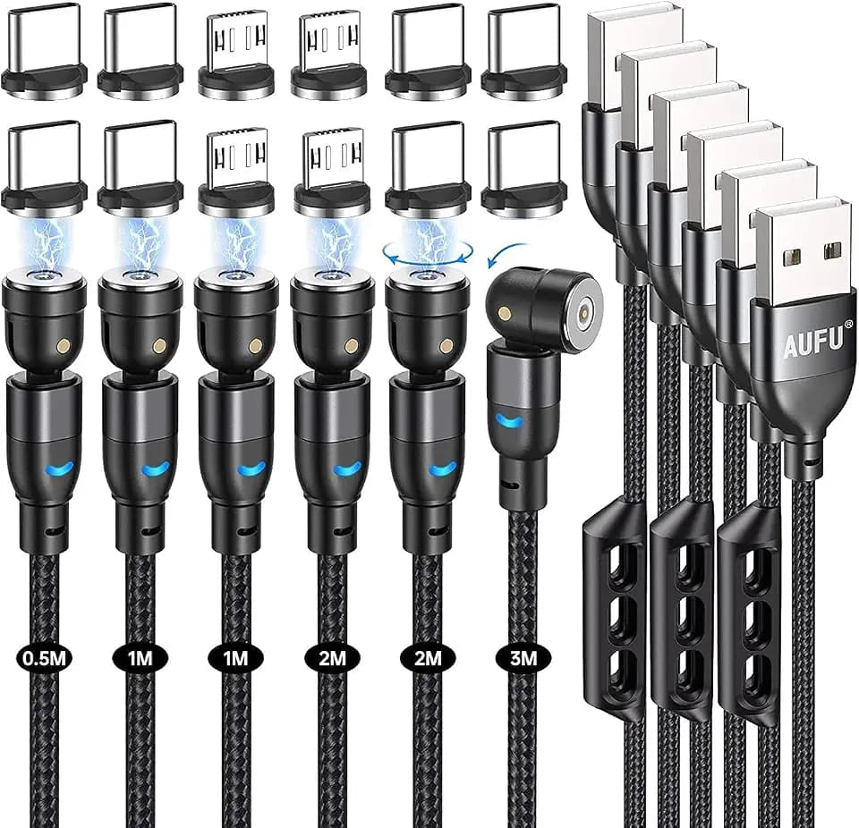AUFU Magnet Ladekabel, Magnetisches Ladekabel [6Stück, 0.5m 1m 1m 2m 2m 3m], USB C Magnet Kabel 360° und 180° Drehbar kabel Magnetisch mit Micro USB/Type C für Smartphone