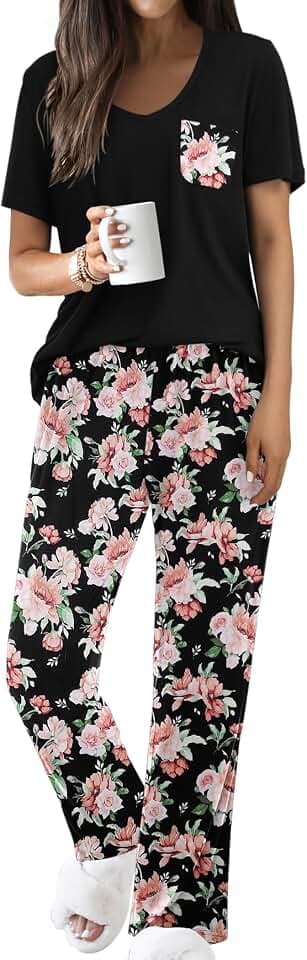 Famulily Schlafanzug Damen Kurzarm Zweiteilige Sommer Outfits V-Ausschnitt Loungewear Tops und Loose Fit Wide Leg Printed Hose mit Taschen S-XXL
