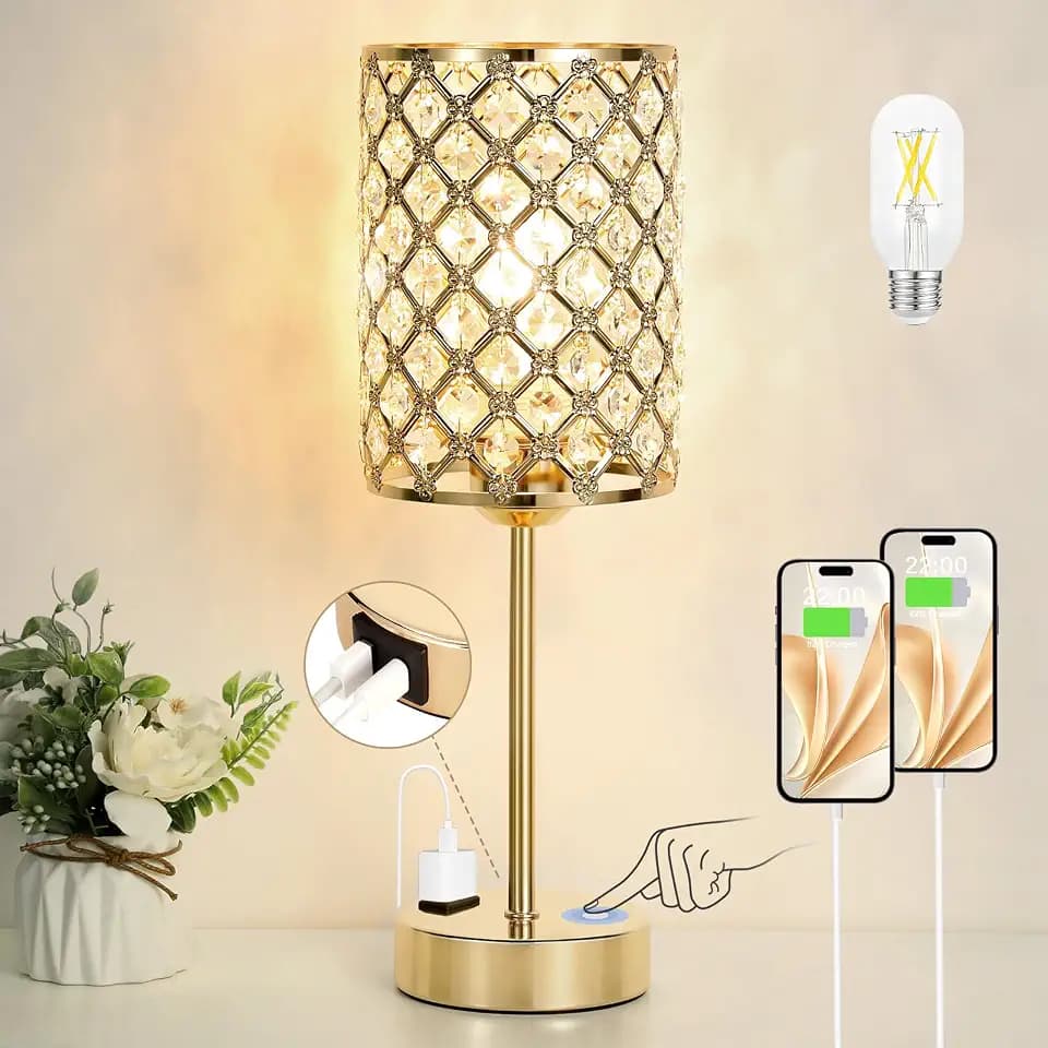 Hong-in Gold Lamps for Night Stands, Crystal Table Lamp with Touch Control