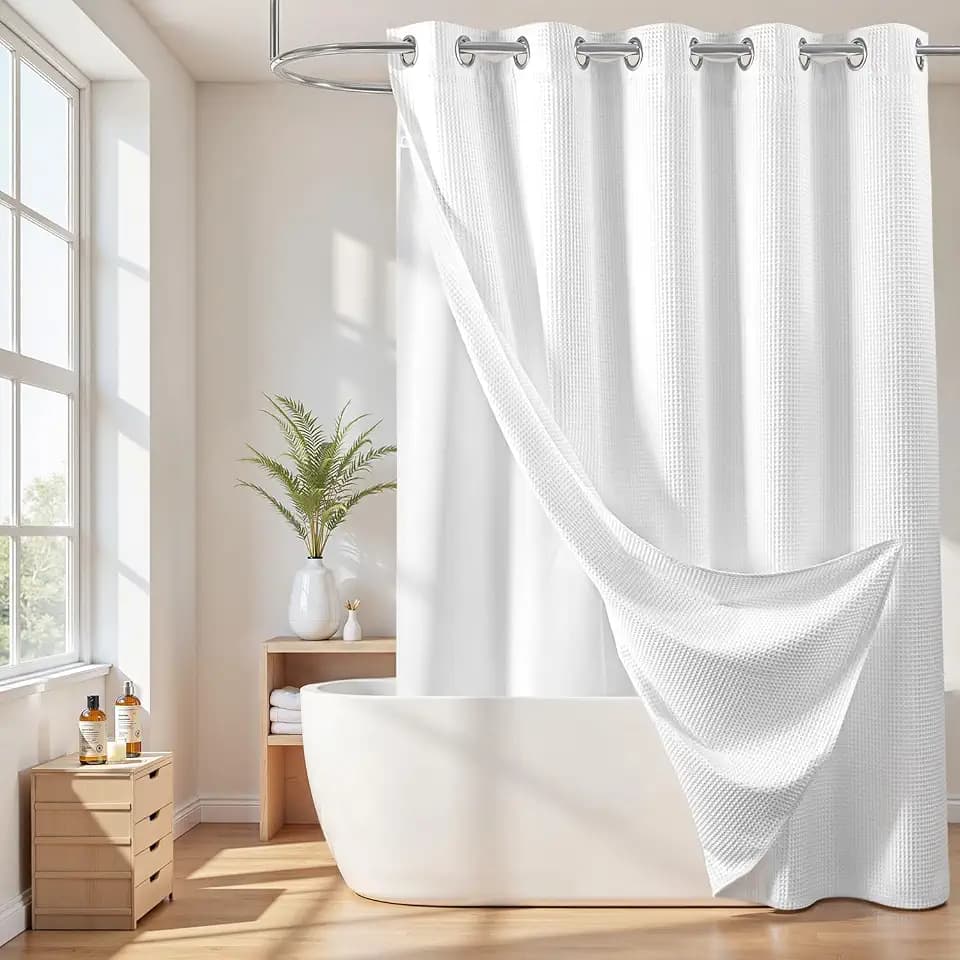River Dream Cotton Blend No Hook Shower Curtain with Liner, White, 71Wx74L