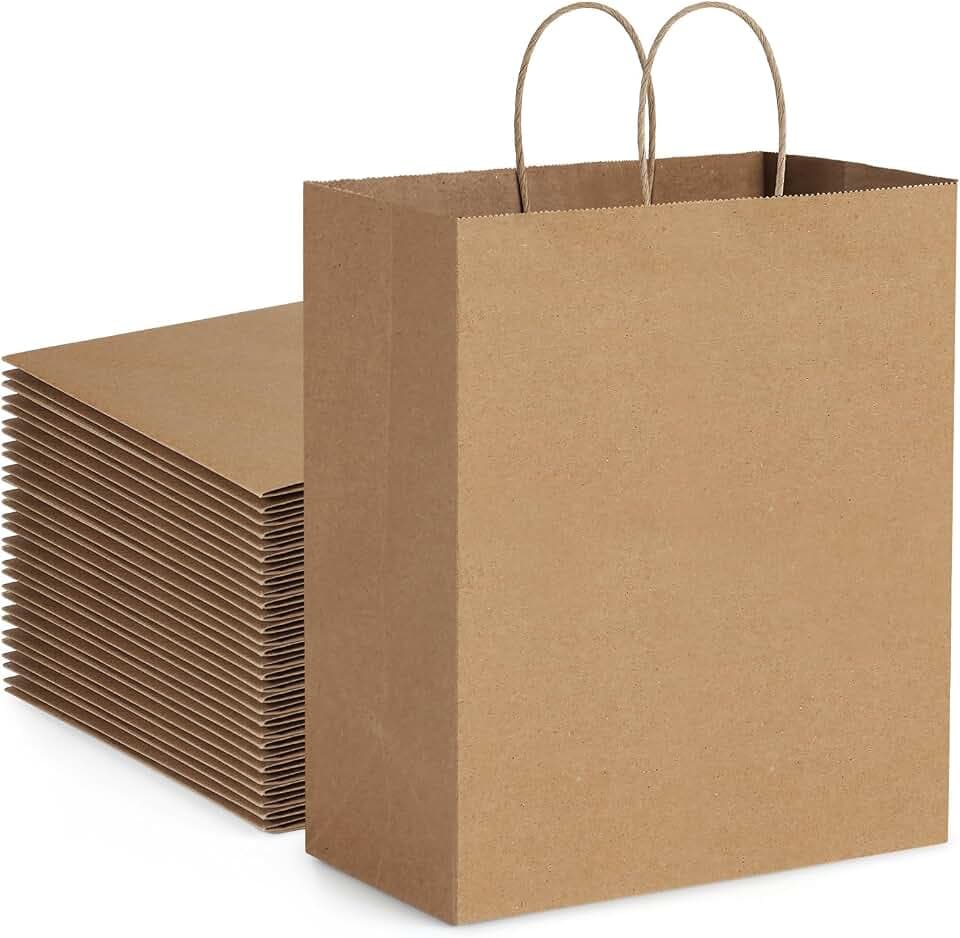 BagDream Kraft Paper Bags with Handles 10x6.75x12 Inch Brown 100 Pack Bulk