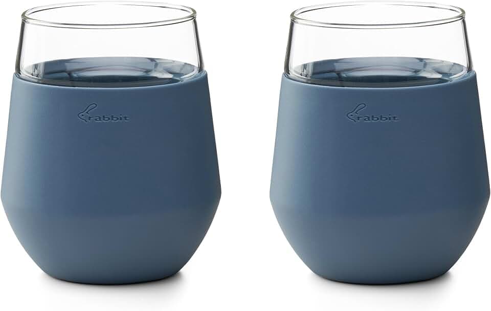 Rabbit Freezable Wine Glass Set of 2 - Insulated Stemless Cooling Glasses with Freezer Gel Packs and Silicone Sleeves, Keeps White Wine & Rosé Cold for Hours, Blue Gift Set