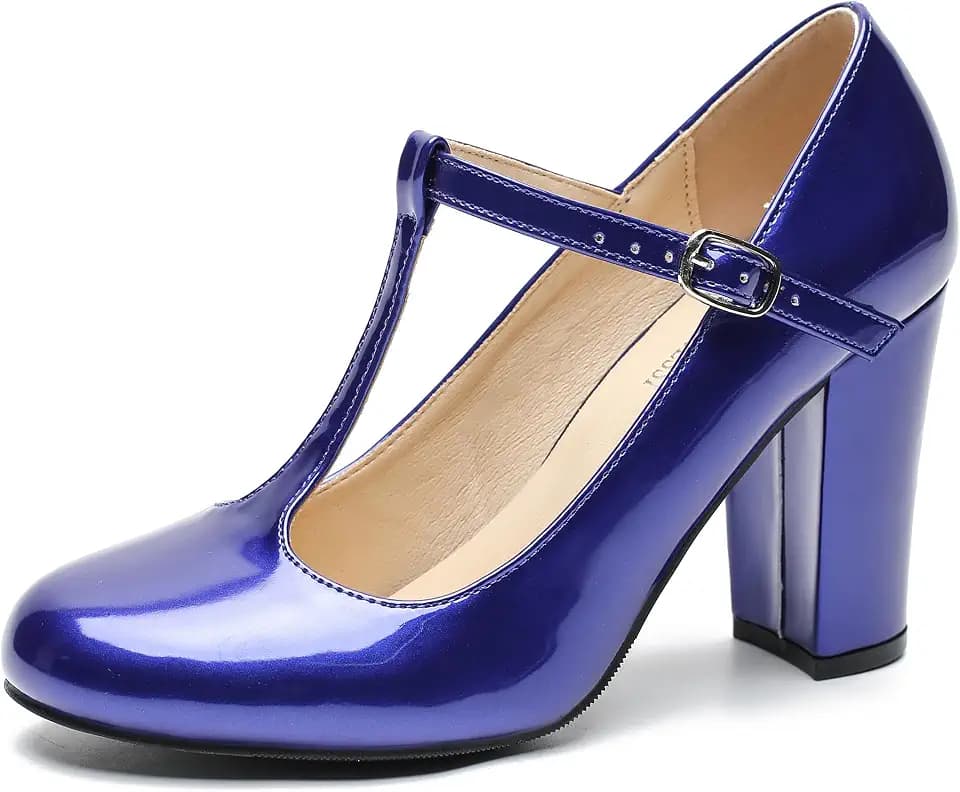 Women's T-Strap Mary Jane Pumps, Chunky Heel, Vintage Style, 3.54 Inch Round Toe Dress Shoes