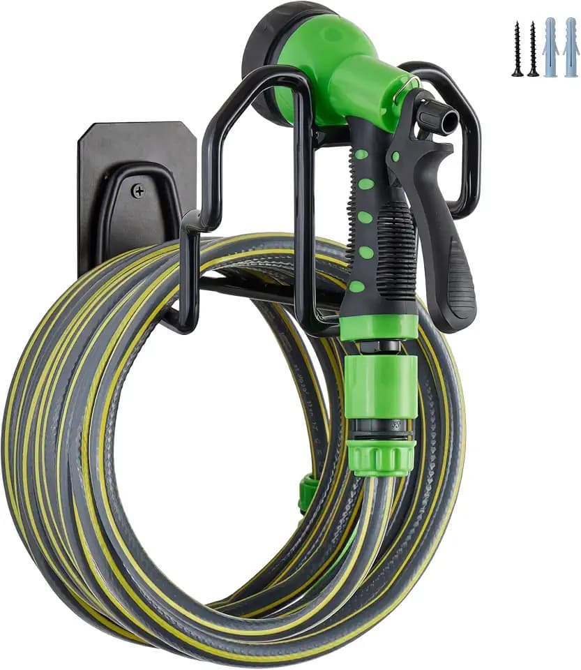 Wall Mount Hose Holder w/Nozzle Slot, Rust Resistant,Glossy Black